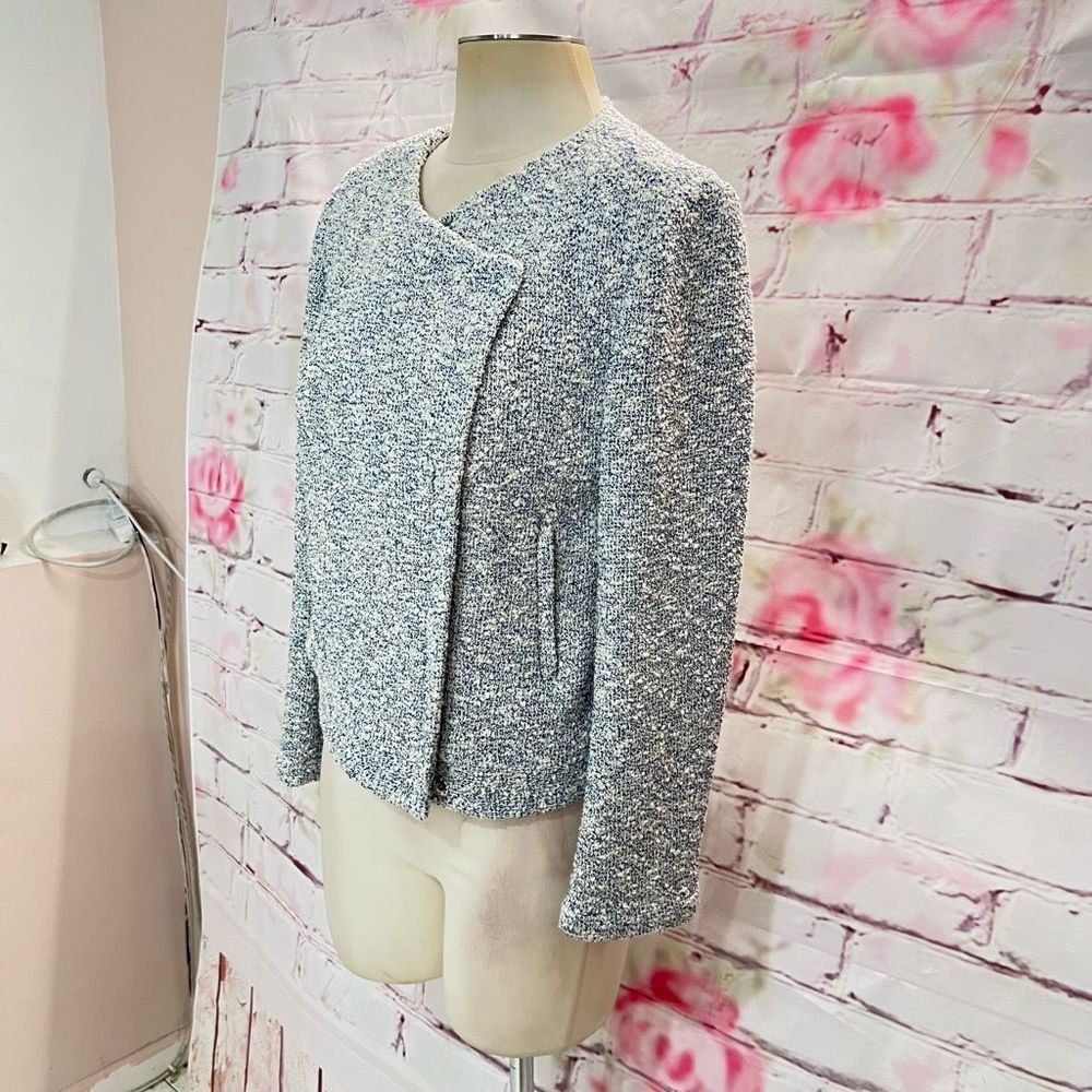 Joie Women's Hidden Zip-Up Tweed Long Sleeve Blue / White Moto Jacket Size L - Picture 4 of 13